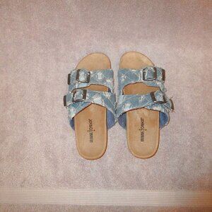 Minnetonka Patchwork Denim Sandals Size 7 Slide Fringe Slip On Boho Grunge 90s